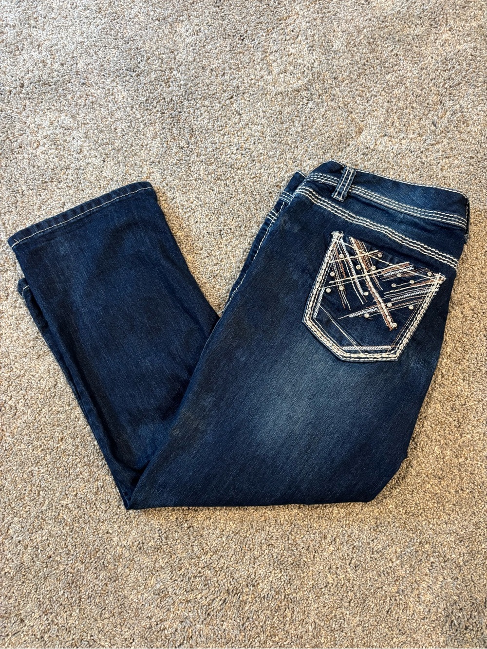 Maurices Womens Dark Wash Straight Leg Mid Rise Stretch Embroidered Sz 13/14 Y2K